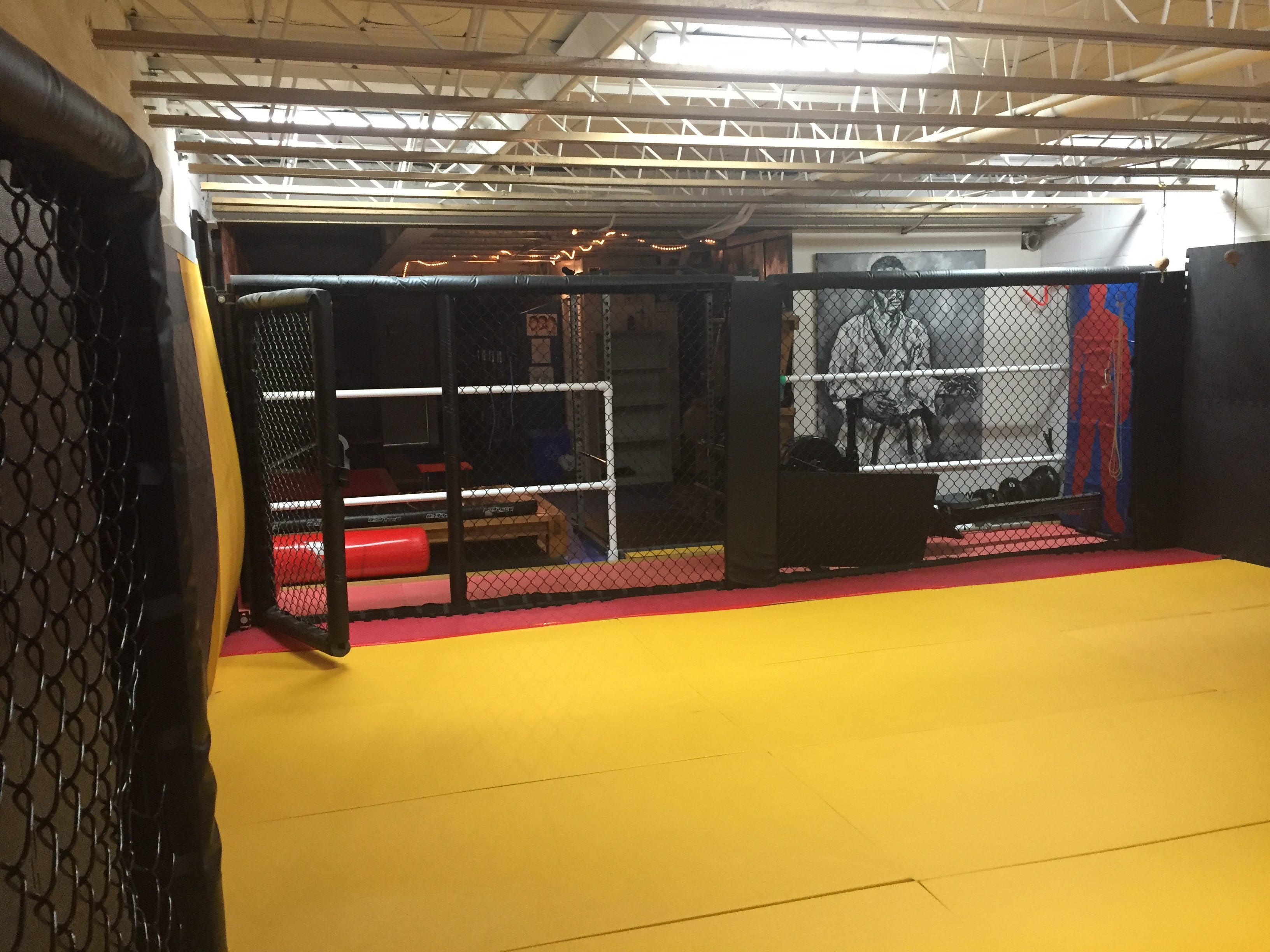 Interior of martial arts gym with yellow mats and black fencing surrounding it.