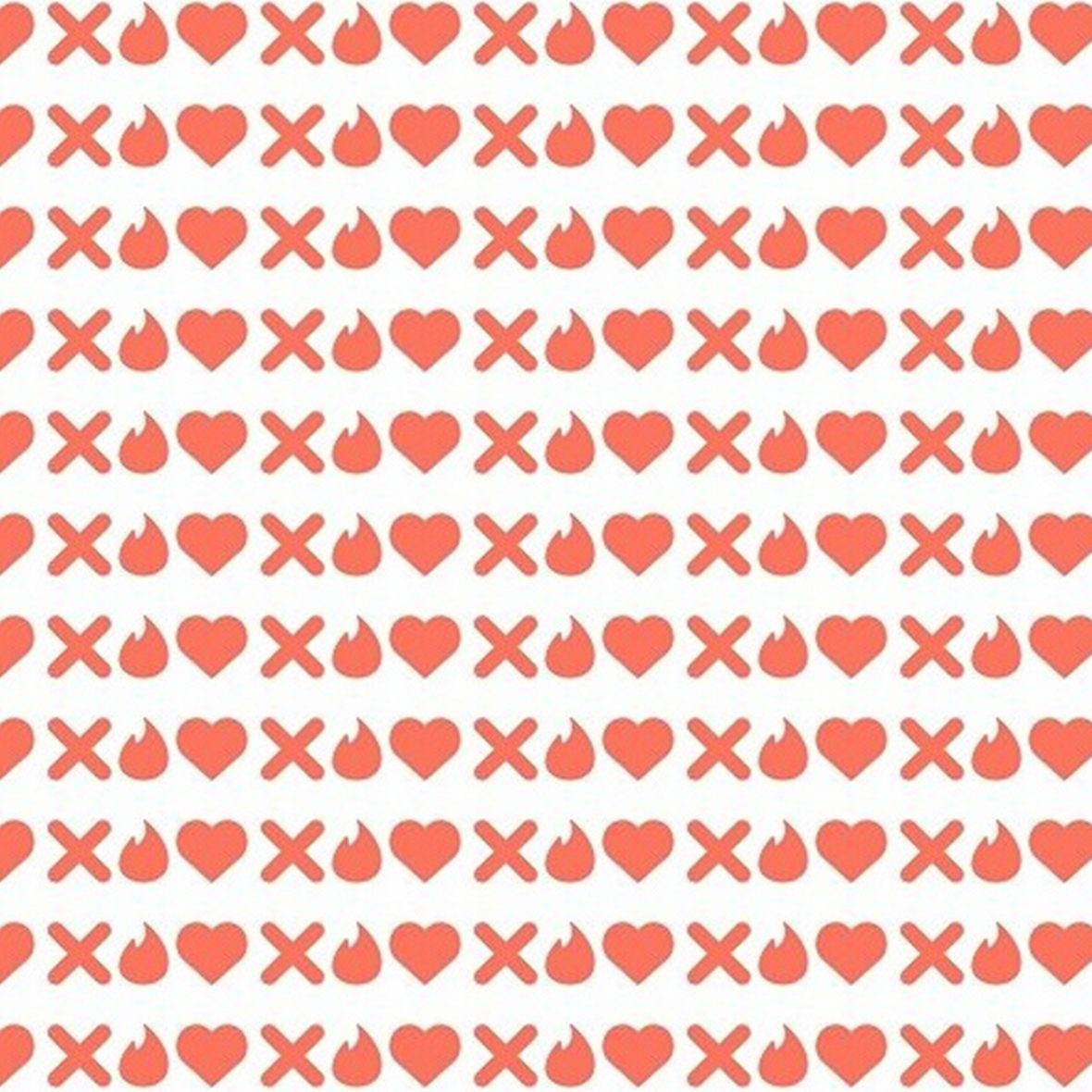 White background with orange x's, hearts and tinder logos.