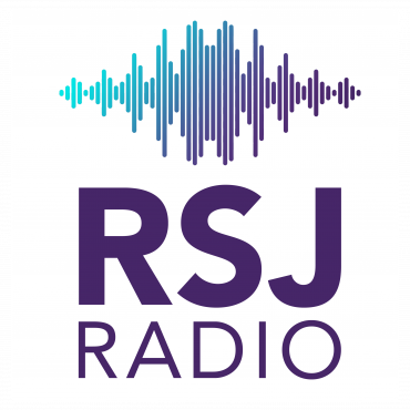 Blue and purple sound waves with text "RSJ Radio"