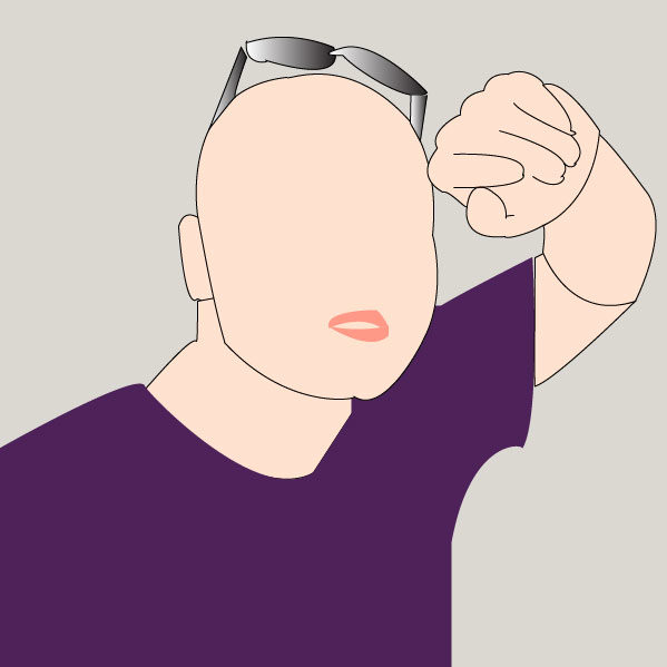 Digitally rendered image of person in purple shirt and sunglasses with hand above face.