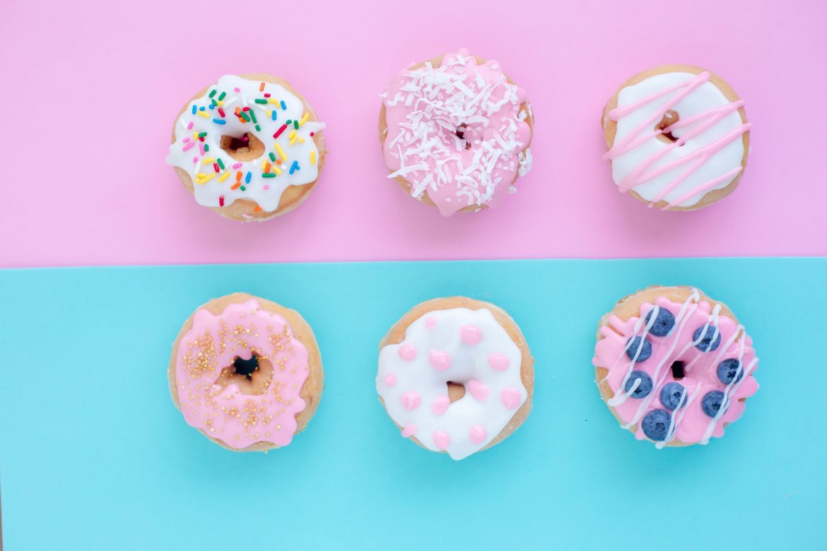 light pink and blue squares with donuts on them.
