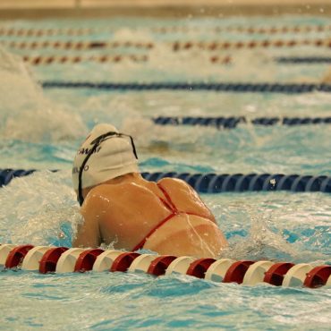 Woman swims the breast stroke in the lane in a swimming pooling