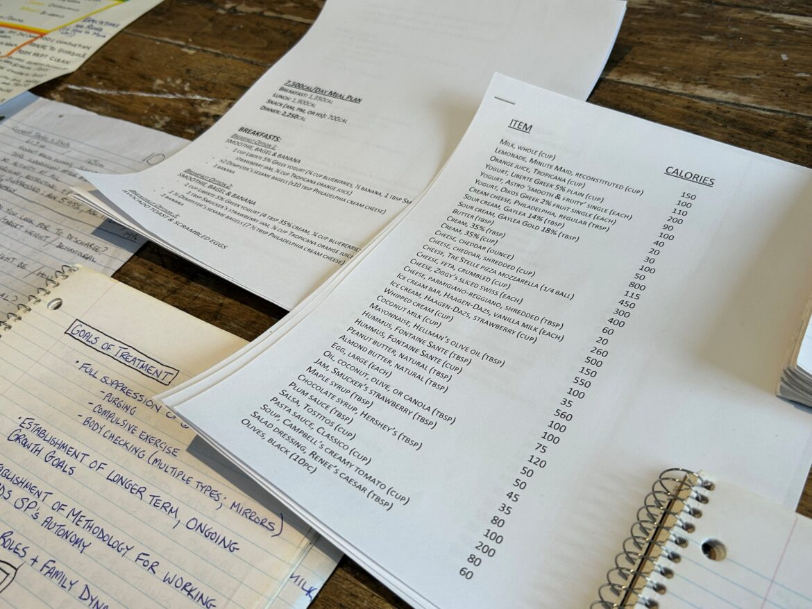 Notes, and printed meal plans laid out on dining table. 