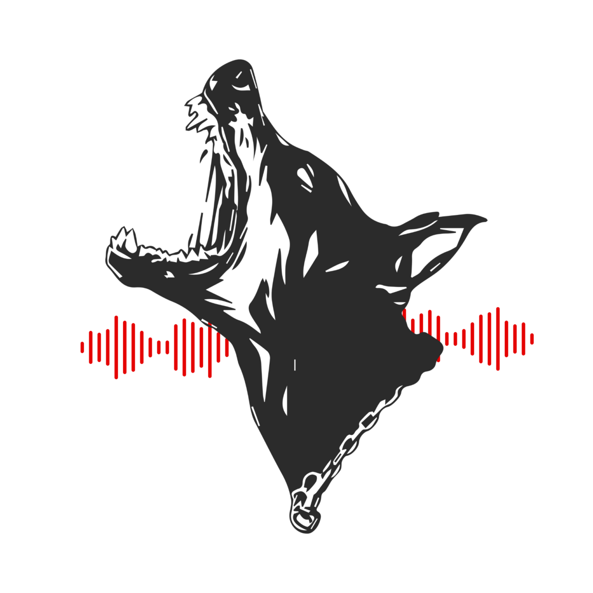 Logo for Living Leashed of dog barking with sound waves at the collar.