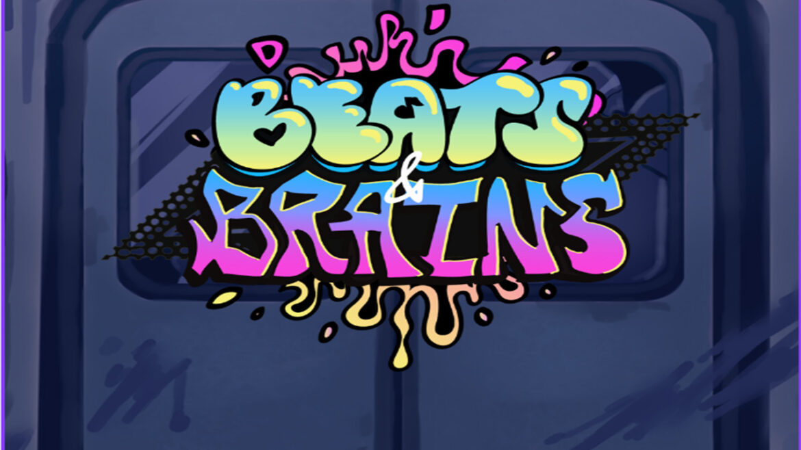 A picture of the title Beats and Brains in graffiti styled font with subway doors in the backgrounds